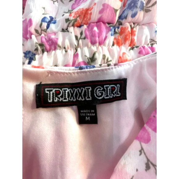 Trixxi Girl Romper Pink Multicolored Floral Lined Button Back Elastic Waist Bow - Picture 4 of 7
